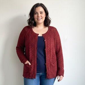 April Cornell Sz XL Knit Crochet Red Feminine Button Front Cardigan Sweater